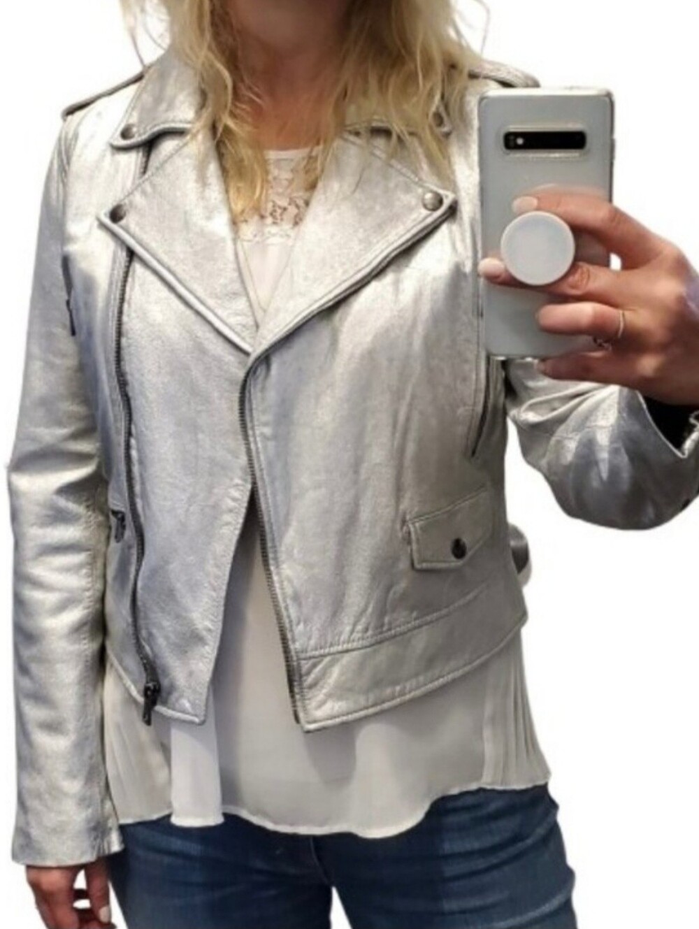 Banana Republic Genuine Leather Metallic Silver Moto Jacket